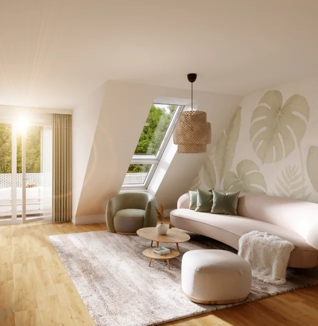 Hell durchflutetes Dachgeschoss-Wohnzimmer mit sanften Beigetönen, einer Monstera-Mustertapete und gemütlichen Loungemöbeln.