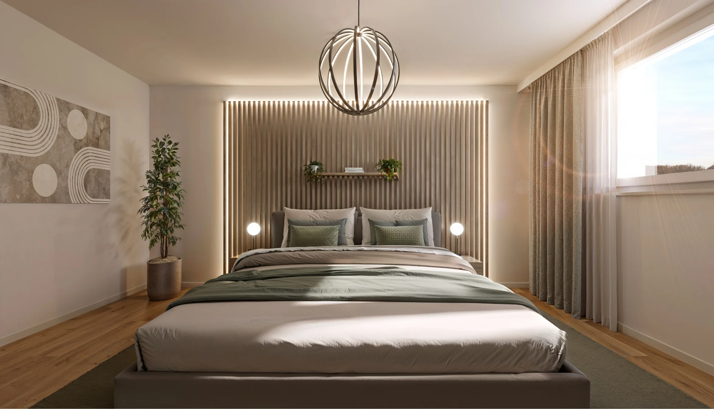 Modernes Schlafzimmer mit Doppelbett, beleuchteter Holzlamellenwand und markanter Kugel-Pendelleuchte.